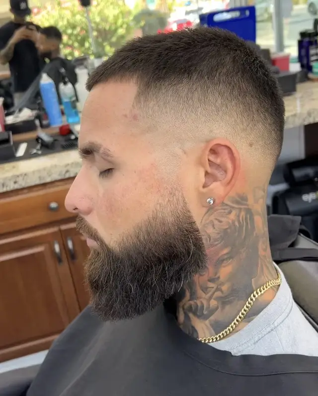 Crew cut skin fade with long beard by Mike Prosch, Palm Springs barber