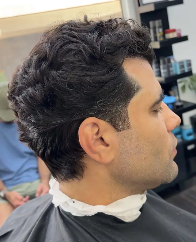 Curly scissor cut, side view by Mike Prosch, Palm Springs barber