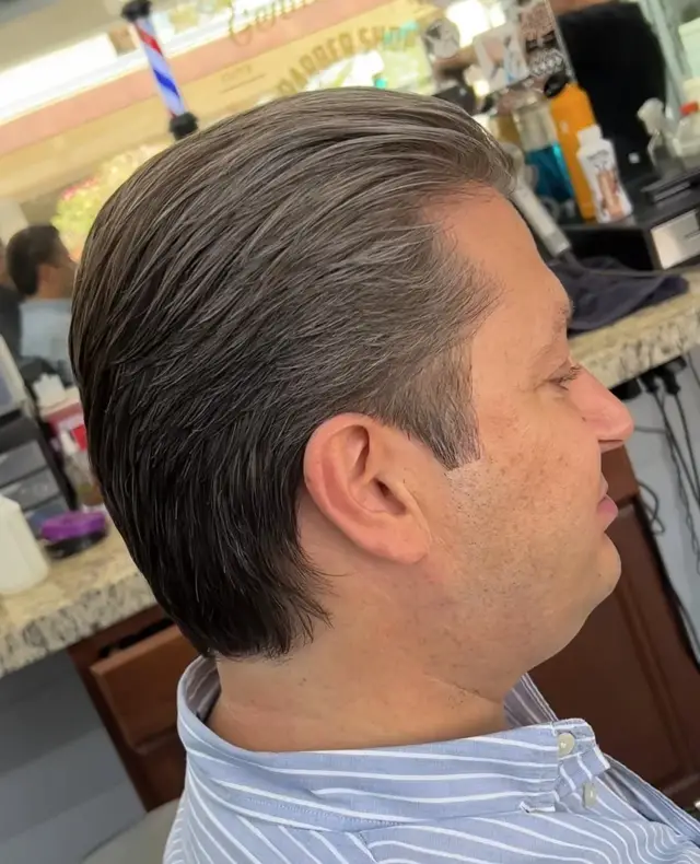 Gray slick back scissor cut by Mike Prosch, Palm Springs barber