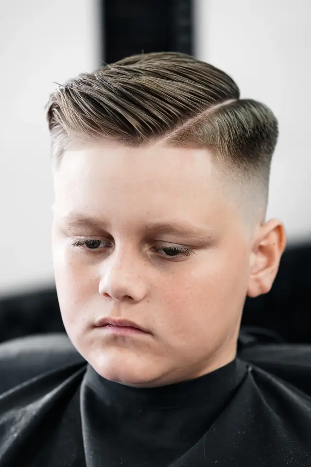 Kids comb-over with hard part and skin fade by Mike Prosch, Palm Springs barber