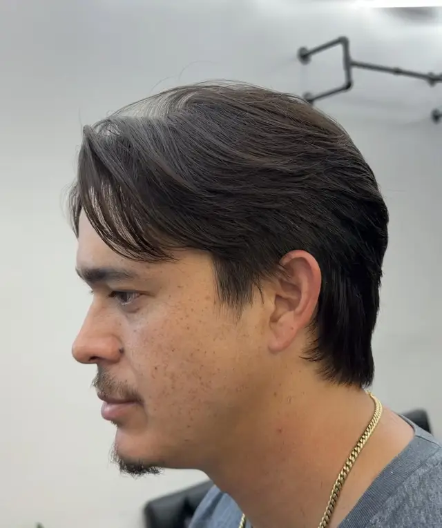 Longer scissor cut with side-swept fringe by Mike Prosch, Palm Springs barber