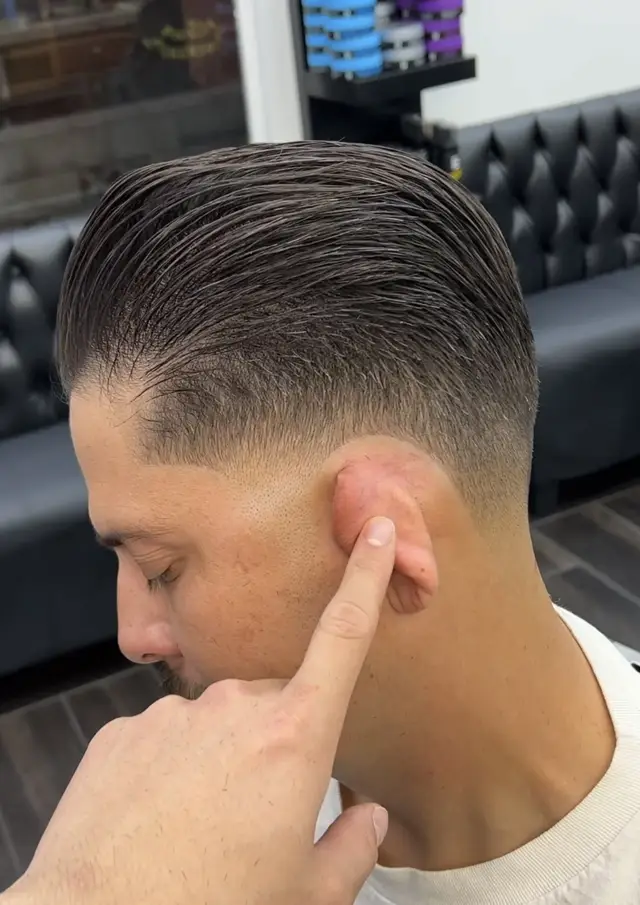 Slick back with drop fade by Mike Prosch, Palm Springs barber