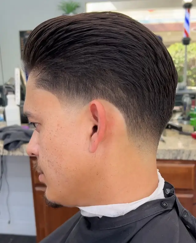 Slick back with low taper by Mike Prosch, Palm Springs barber